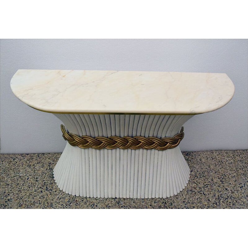 Vintage console table in white and gold wood with pink marble top