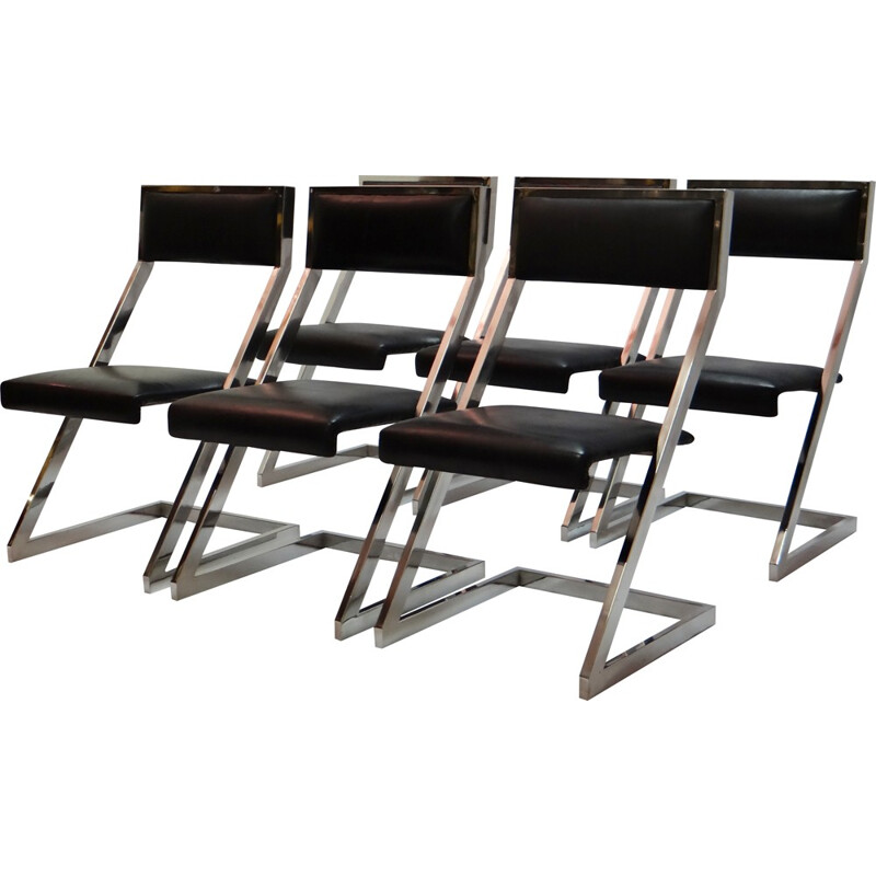 Set of 6 "Z-chair" chairs in black leather and chromed metal - 1970s