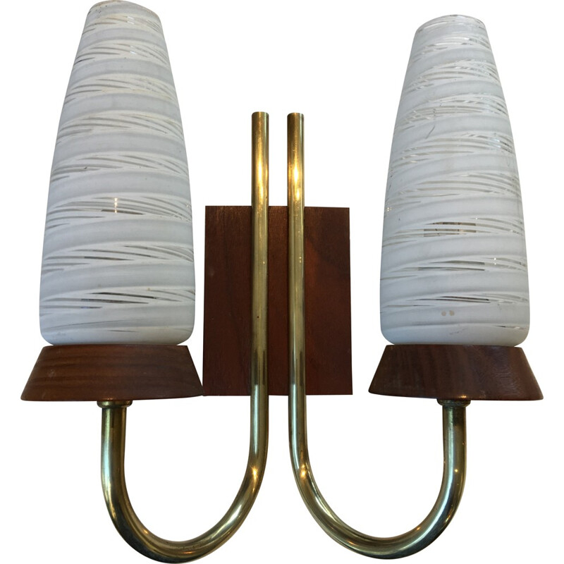 Wall light in teak, brass and engraved glass globes - 1950s