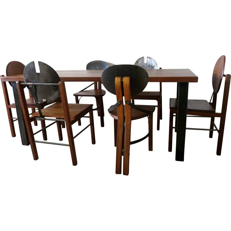 Brutalist vintage dining set in solid oak