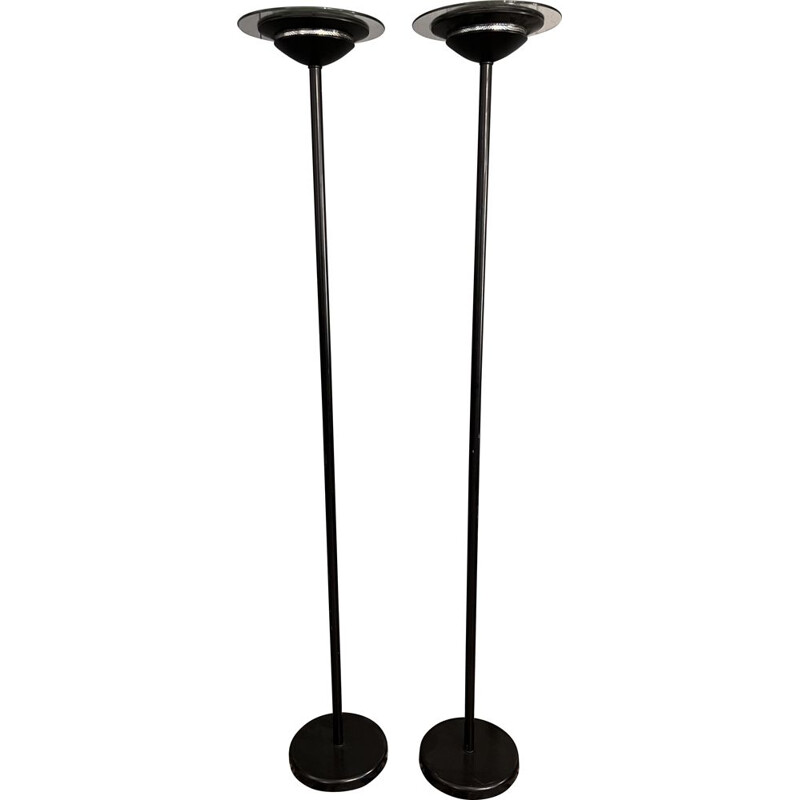 Pair of vintage floor lamps in black lacquered metal and glass disc, 1980