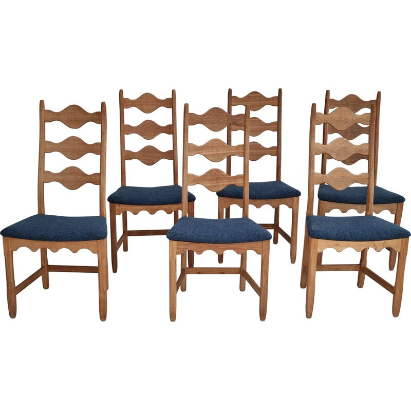 Set of 6 vintage Danish chairs in oak wood by Henning Kjærnulf, 1960s