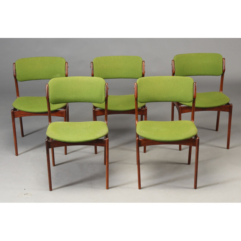 Suite de 5 chaises en palissandre et tissu vert, Erik BUCH - 1960