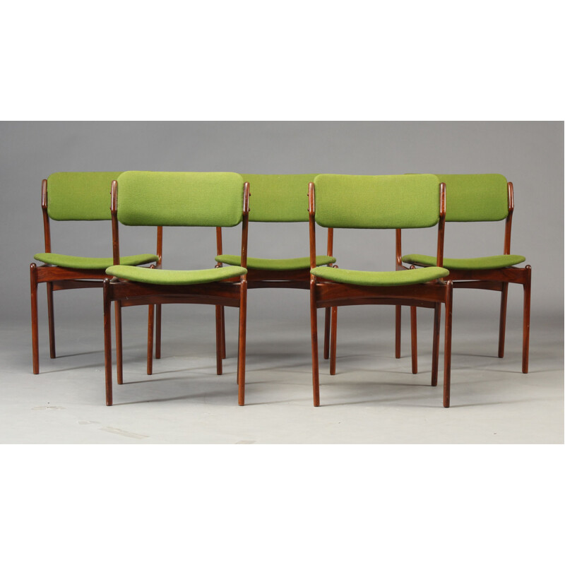 Suite de 5 chaises en palissandre et tissu vert, Erik BUCH - 1960
