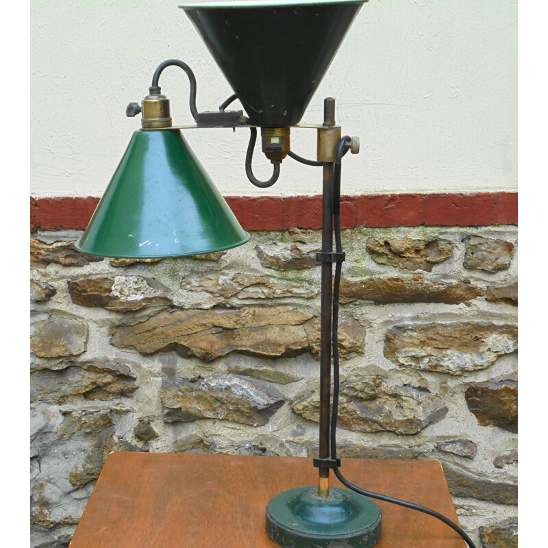 Lampada da officina d'epoca a doppia luce in ghisa e metallo verniciato,  1950