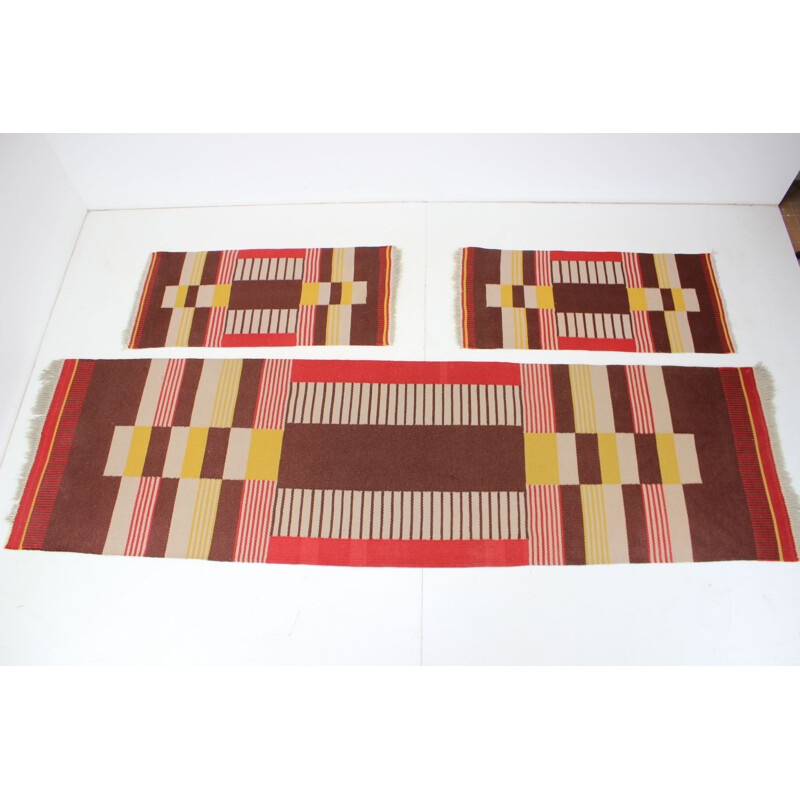 Set of 3 vintage geometric wool rugs by Antonín Kybal, Czechoslovakia 1940