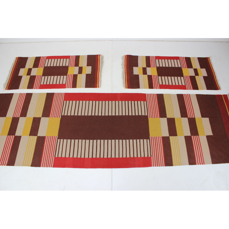 Set of 3 vintage geometric wool rugs by Antonín Kybal, Czechoslovakia 1940