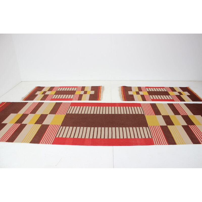 Set of 3 vintage geometric wool rugs by Antonín Kybal, Czechoslovakia 1940