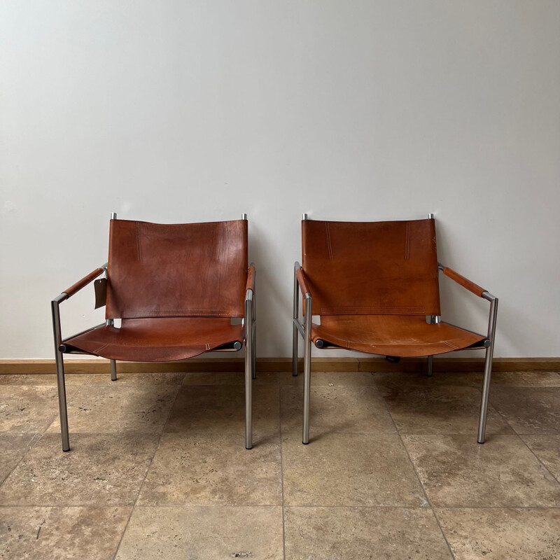 Pareja de sillones vintage de cuero y metal de Martin Visser, Países Bajos 1960