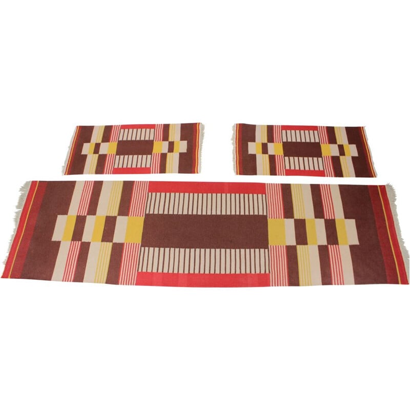 Set of 3 vintage geometric wool rugs by Antonín Kybal, Czechoslovakia 1940