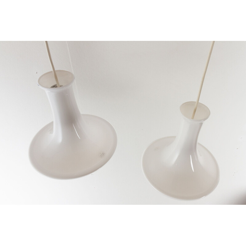 Pair of Danish vintage "Mandarin" opaline pendant lamps by Michael Bang for Holmegaard, 1980