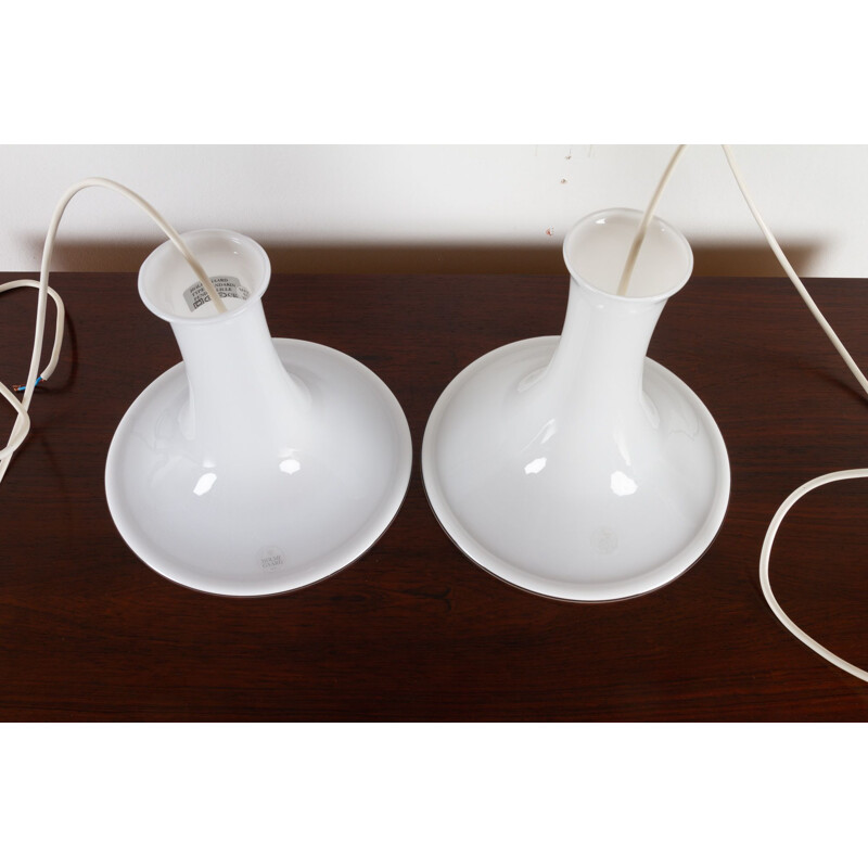 Pair of Danish vintage "Mandarin" opaline pendant lamps by Michael Bang for Holmegaard, 1980