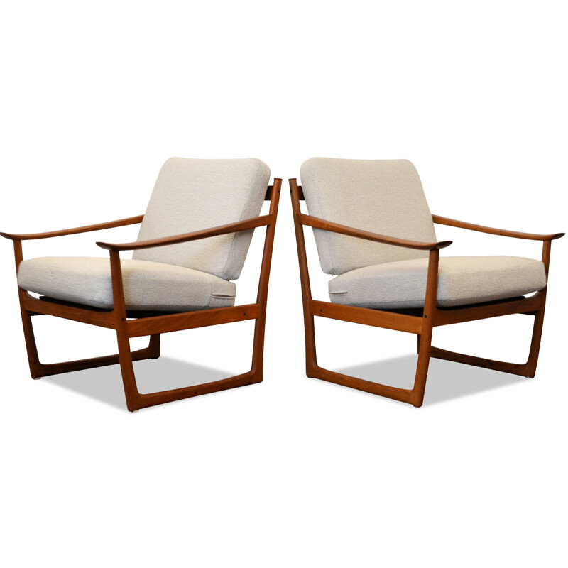 Pair of France & Son "FD-130" armchairs in teak and cream fabric, Peter HVIDT & Orla Mølgaard NIELSEN - 1960s