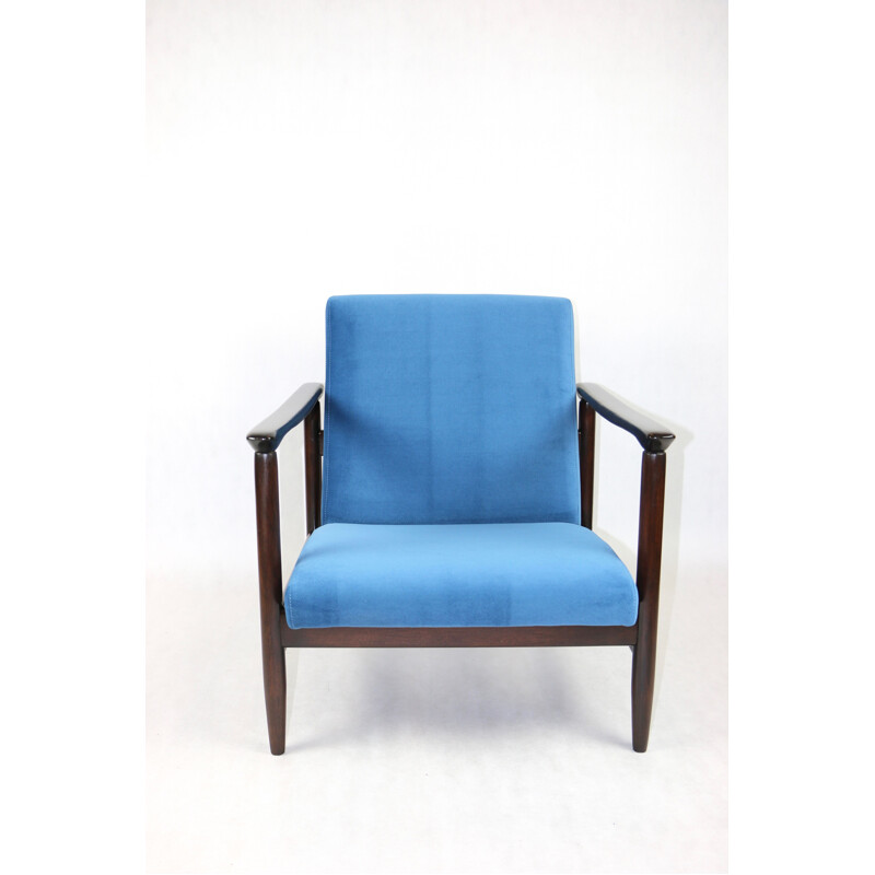 Vintage blue marine velvet Gfm-142 armchair by Edmund Homa, 1970s