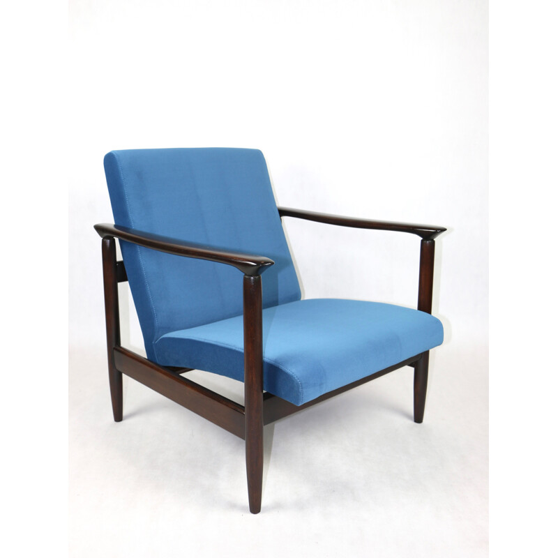 Vintage blue marine velvet Gfm-142 armchair by Edmund Homa, 1970s