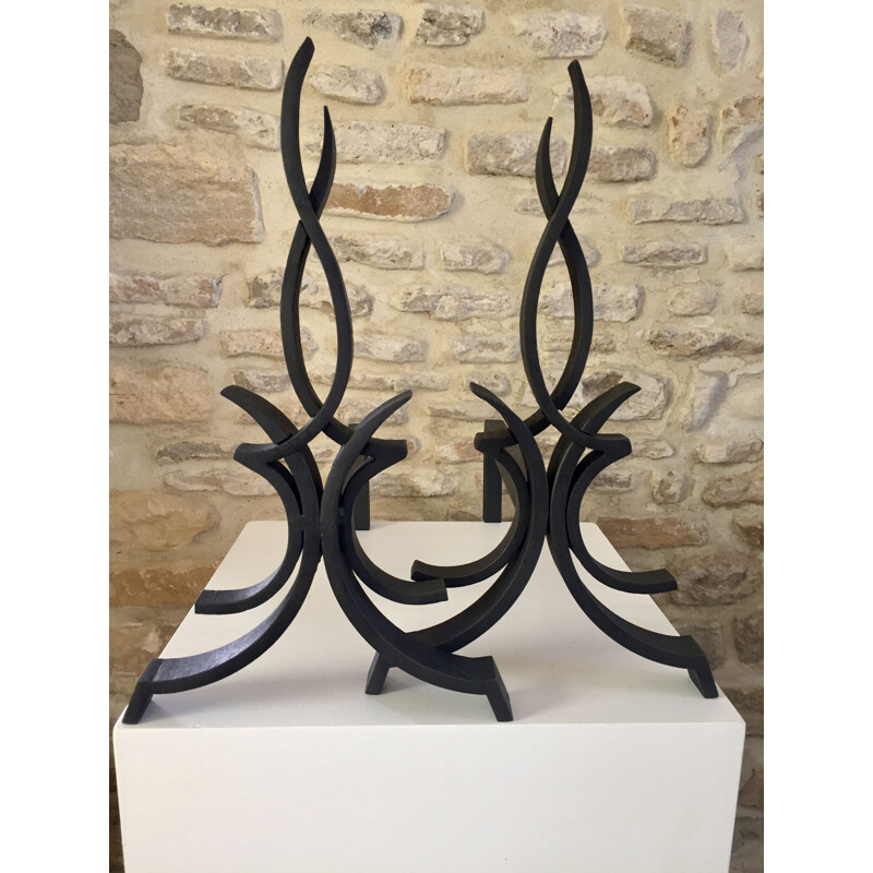 Pair of vintage cast iron "flamme" andirons by Raymond Subes, 1940
