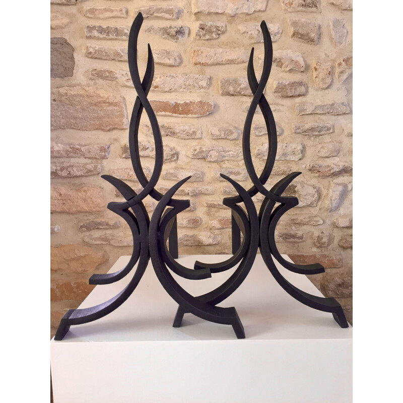 Pair of vintage cast iron "flamme" andirons by Raymond Subes, 1940