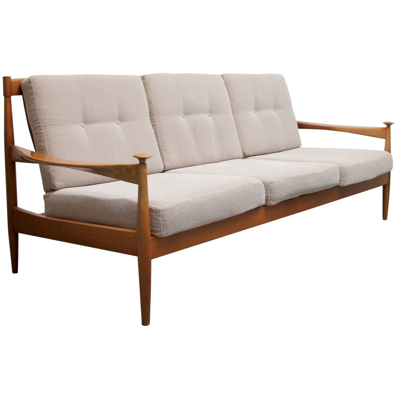 3-seater sofa in solid wood and beige fabric - 1960s