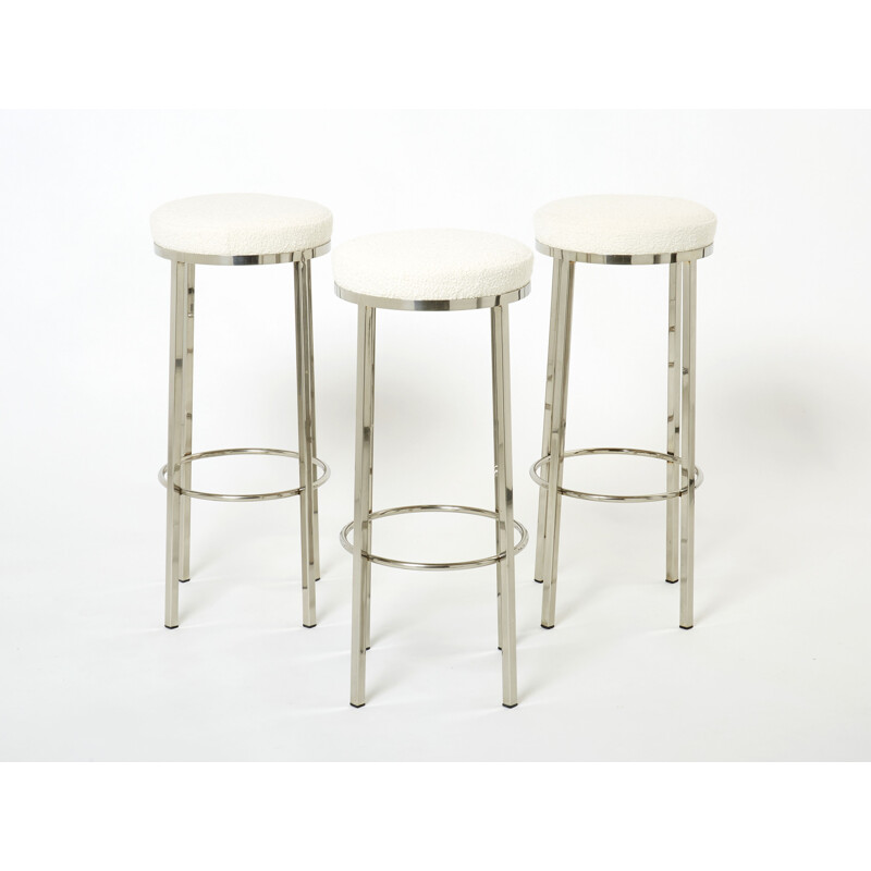 Set of 3 vintage steel and wool bar stools by Jean-Claude Mahey for Romeo Paris, 1970