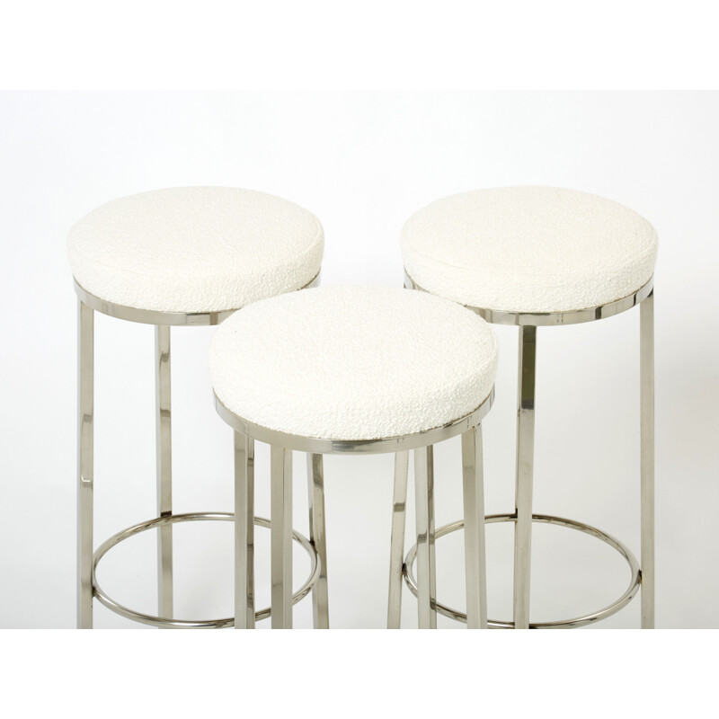 Set of 3 vintage steel and wool bar stools by Jean-Claude Mahey for Romeo Paris, 1970