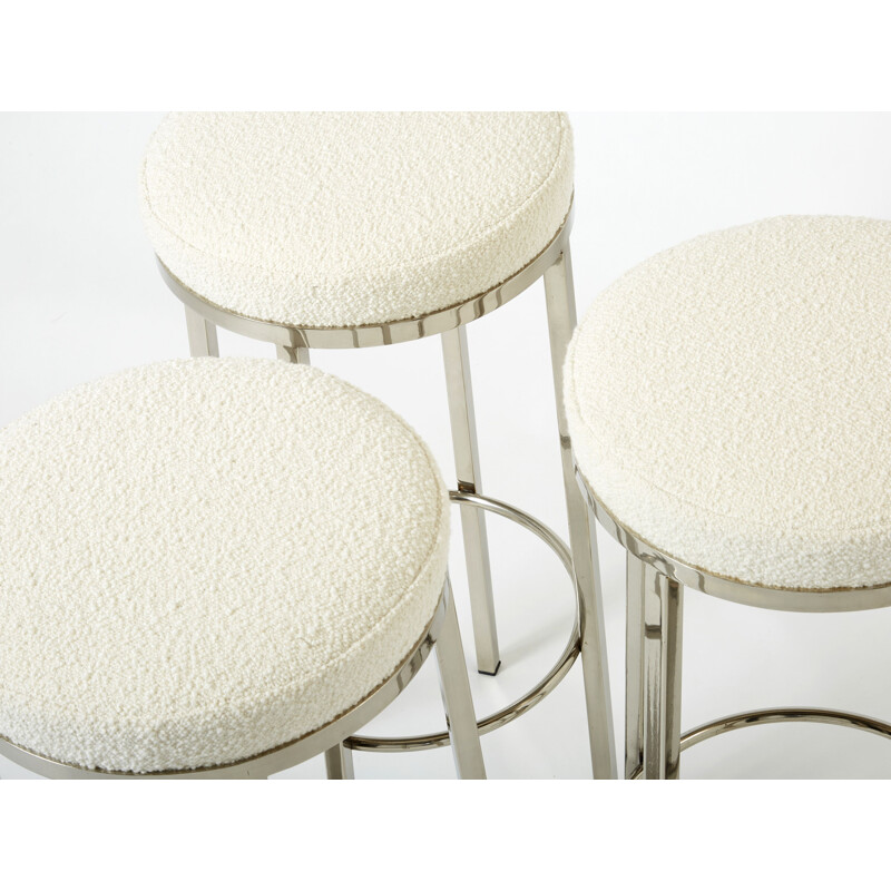 Set of 3 vintage steel and wool bar stools by Jean-Claude Mahey for Romeo Paris, 1970