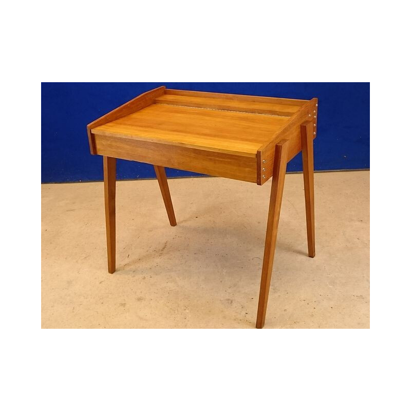 Vintage small desk in light oak with trunk - 1950s