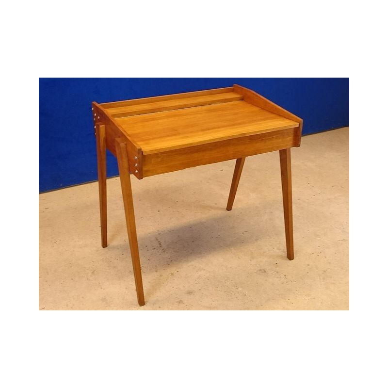 Vintage small desk in light oak with trunk - 1950s