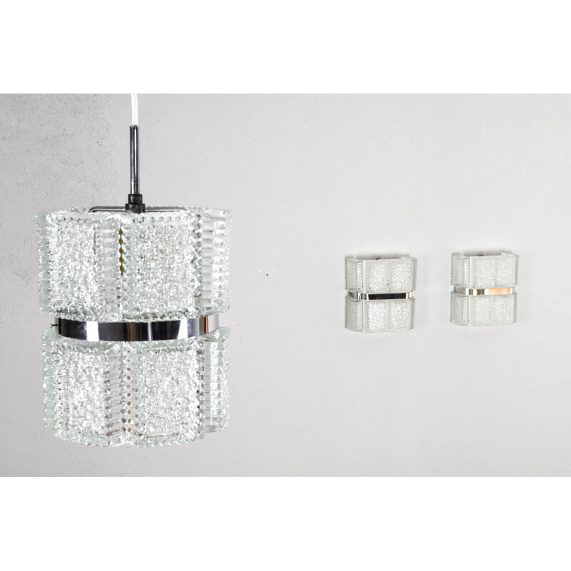 Mid century pair of wall lamps and chandelier in textured crystal by Kaiser Leuchen, Germany 1960s