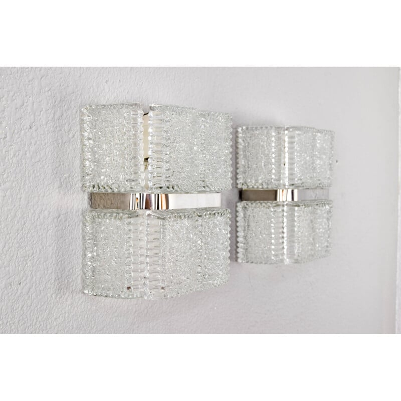 Mid century pair of wall lamps and chandelier in textured crystal by Kaiser Leuchen, Germany 1960s