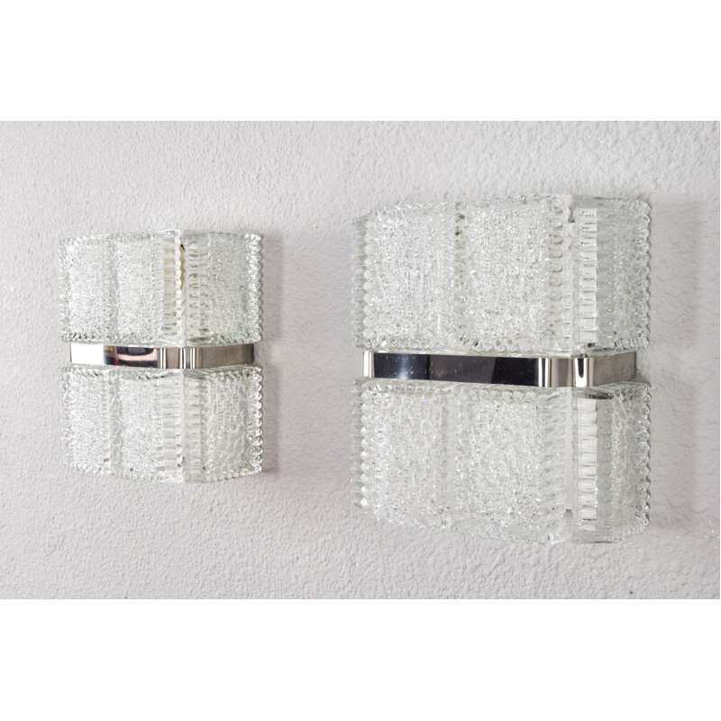 Mid century pair of wall lamps and chandelier in textured crystal by Kaiser Leuchen, Germany 1960s