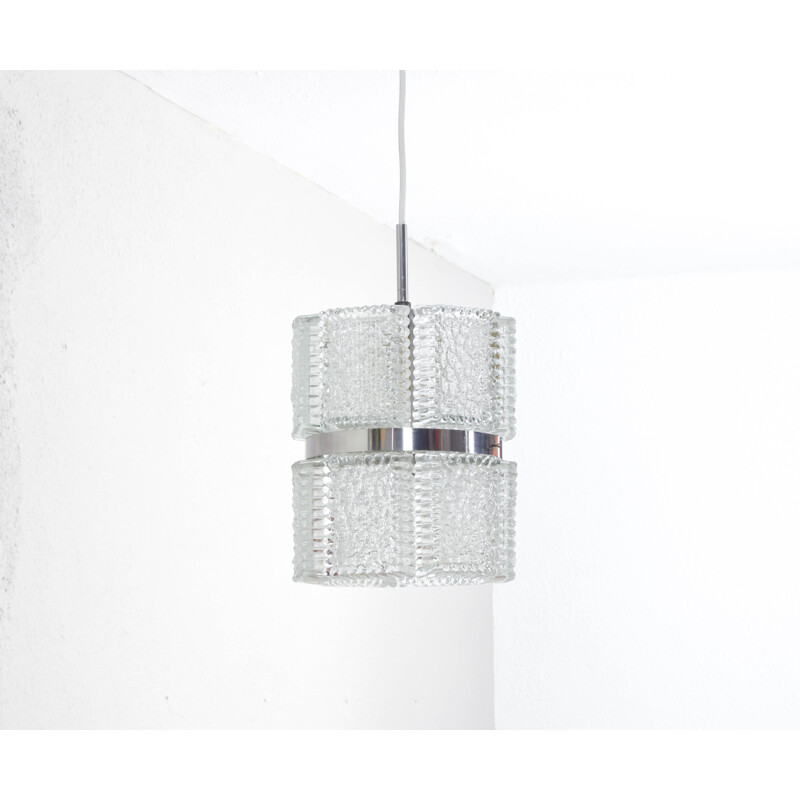 Mid century pair of wall lamps and chandelier in textured crystal by Kaiser Leuchen, Germany 1960s