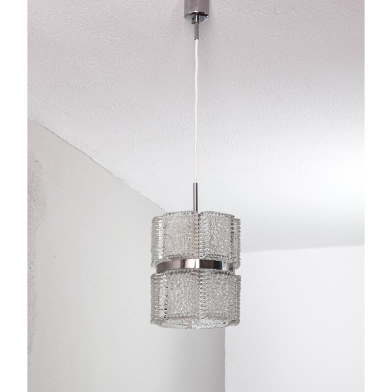 Mid century pair of wall lamps and chandelier in textured crystal by Kaiser Leuchen, Germany 1960s