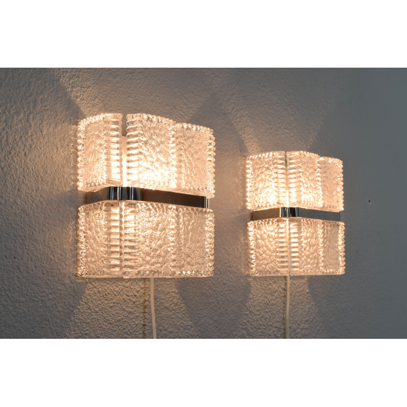 Mid century pair of wall lamps and chandelier in textured crystal by Kaiser Leuchen, Germany 1960s