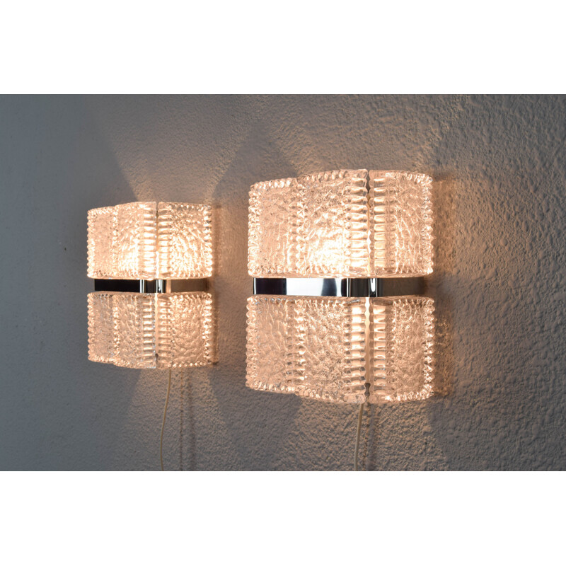 Mid century pair of wall lamps and chandelier in textured crystal by Kaiser Leuchen, Germany 1960s