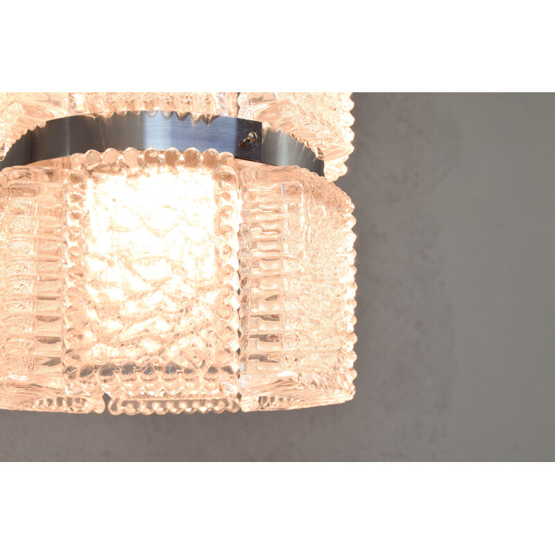 Mid century pair of wall lamps and chandelier in textured crystal by Kaiser Leuchen, Germany 1960s