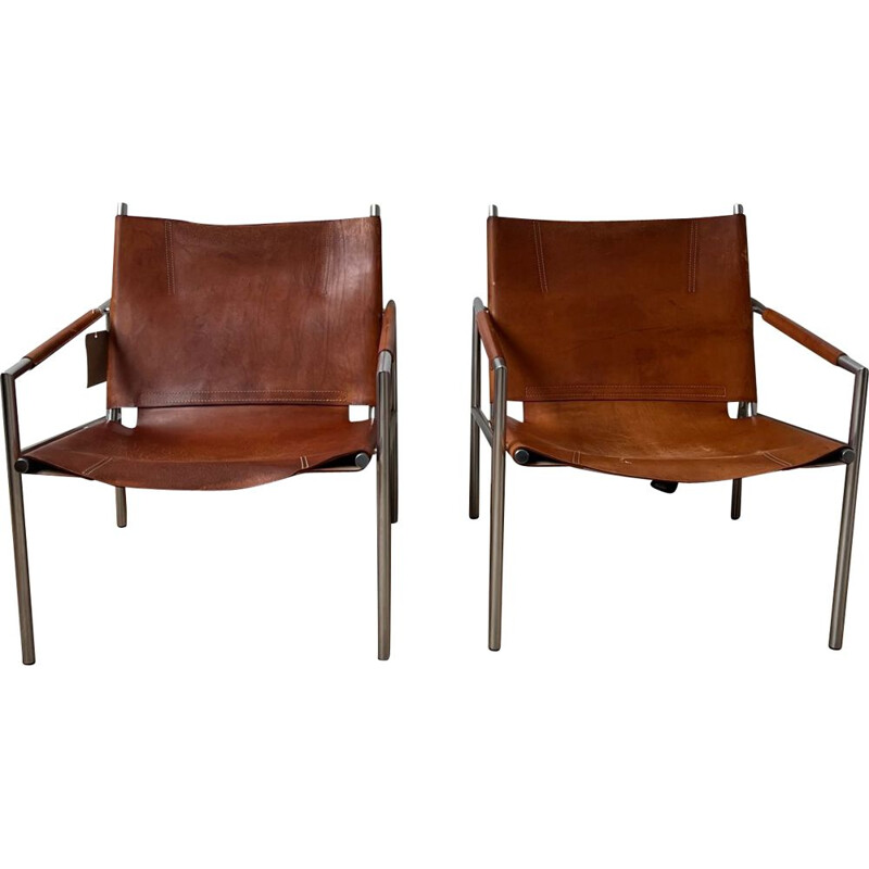 Pair of vintage leather and metal armchairs by Martin Visser, Netherlands 1960