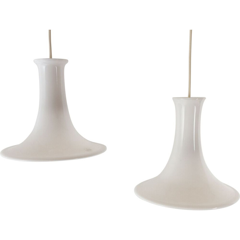 Pair of Danish vintage "Mandarin" opaline pendant lamps by Michael Bang for Holmegaard, 1980