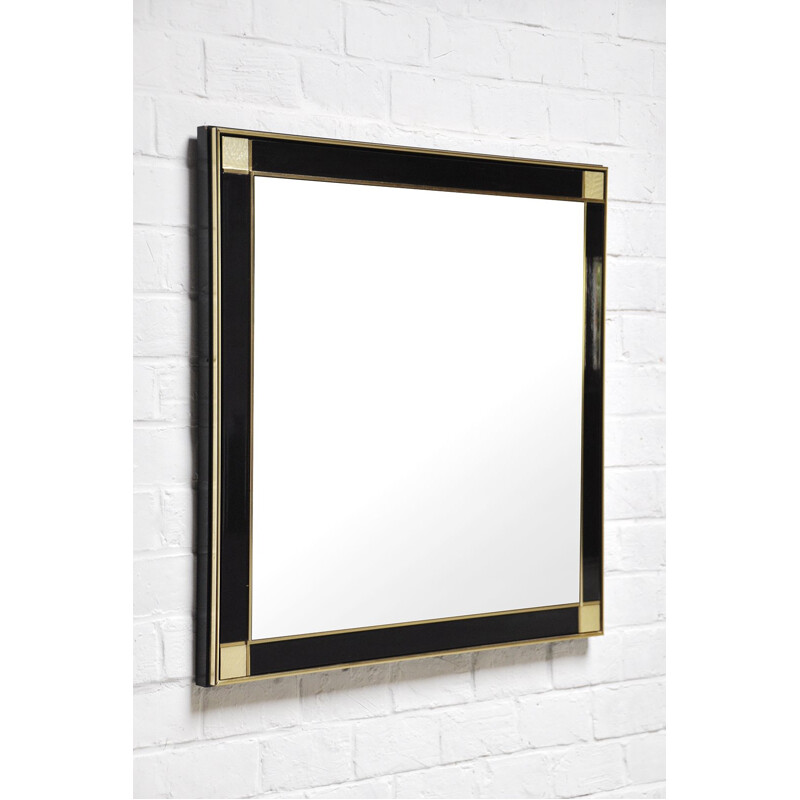 Vintage black lacquered mirror with brass details by Pierre Cardin, 1980s