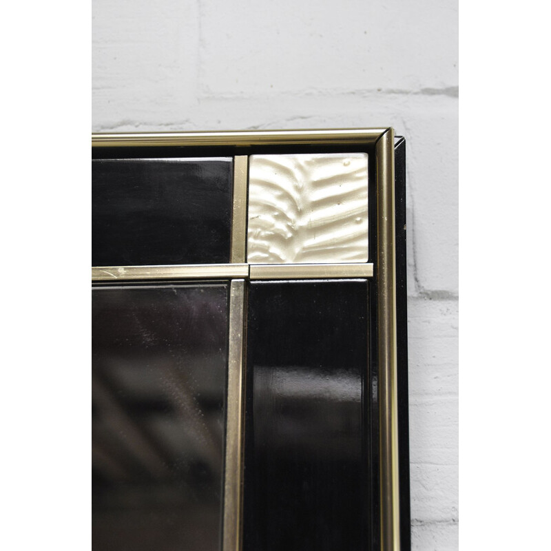 Specchio vintage laccato nero con dettagli in ottone di Pierre Cardin, 1980