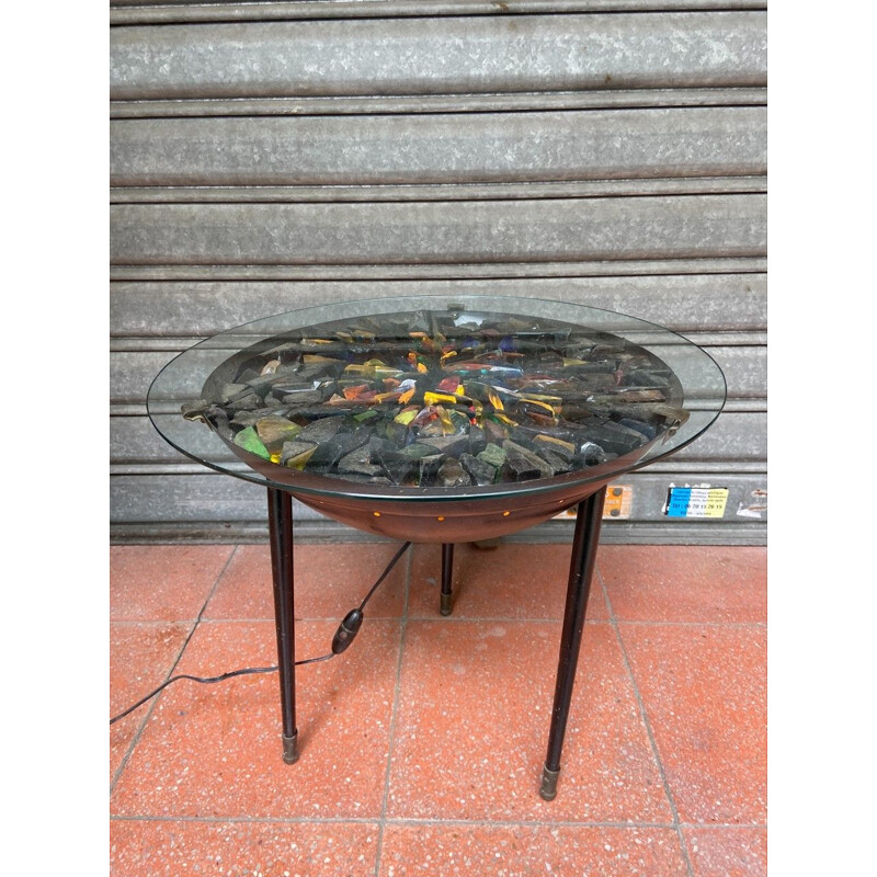 Vintage brazier coffee table in murano glass and iron, Italy 1970