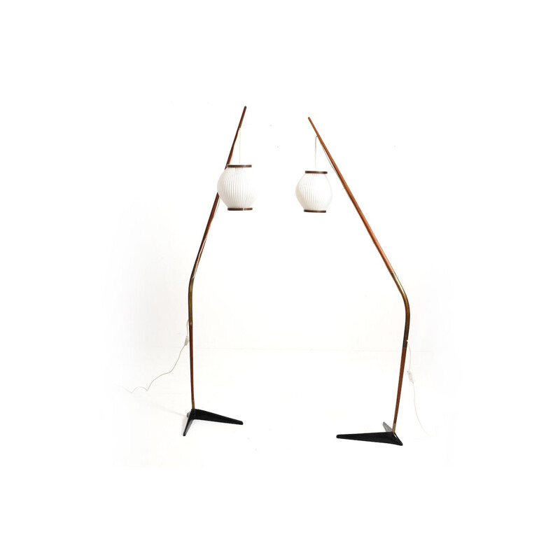 Pair of vintage teak, brass and black lacquered metal floor lamps by Svend Aage for Holm Sørensen