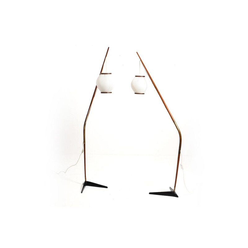 Pareja de lámparas de pie vintage de teca, latón y metal lacado en negro de Svend Aage para Holm Sørensen