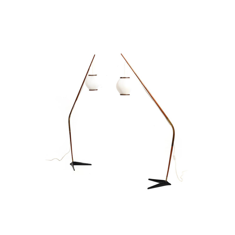 Pair of vintage teak, brass and black lacquered metal floor lamps by Svend Aage for Holm Sørensen