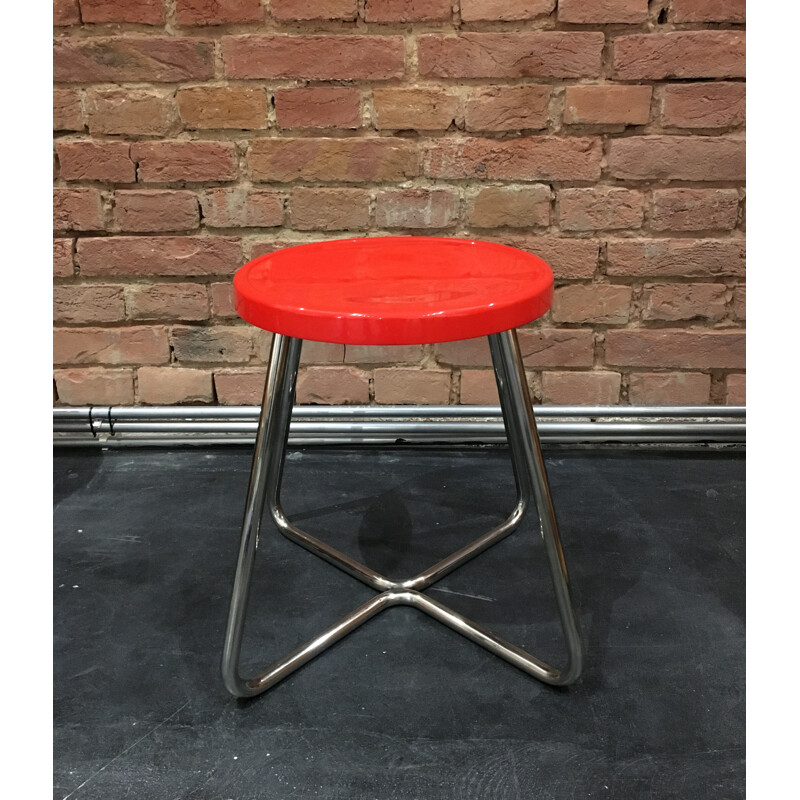 Functionalist steel stool with red lacquered beech seat - 1930s