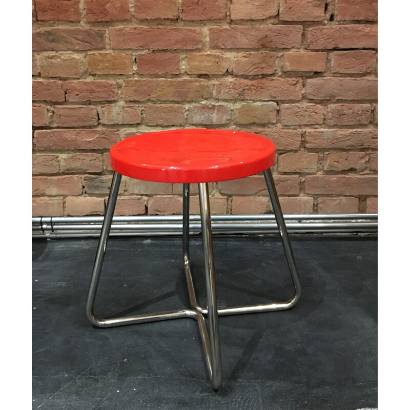 Functionalist steel stool with red lacquered beech seat - 1930s