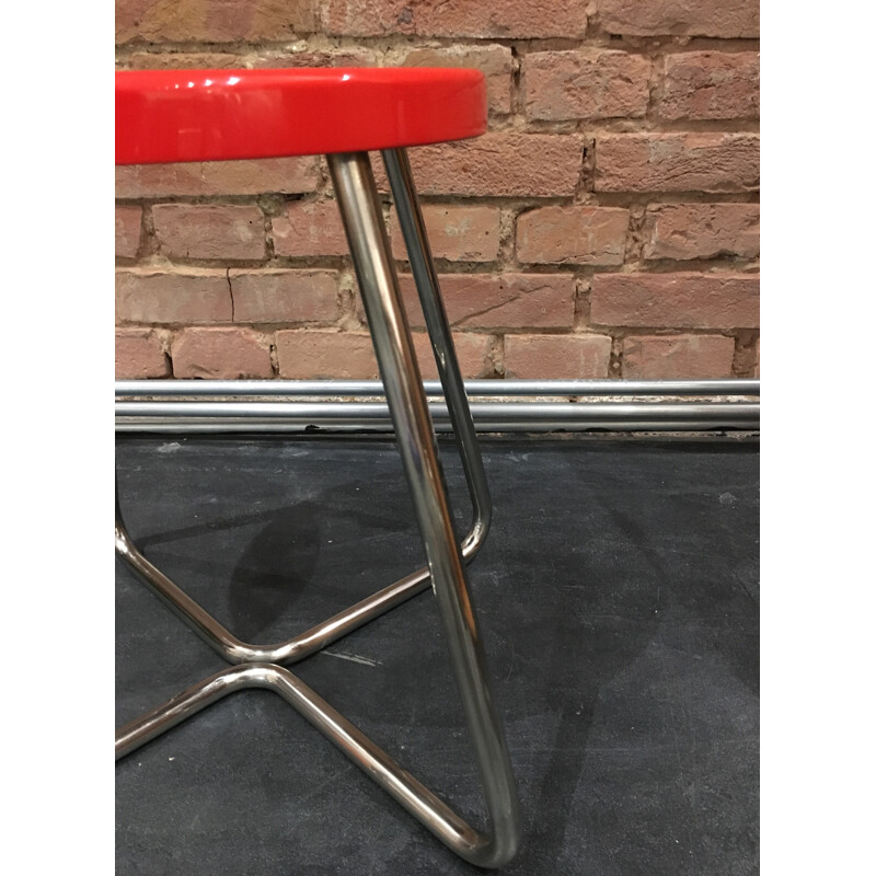 Functionalist steel stool with red lacquered beech seat - 1930s