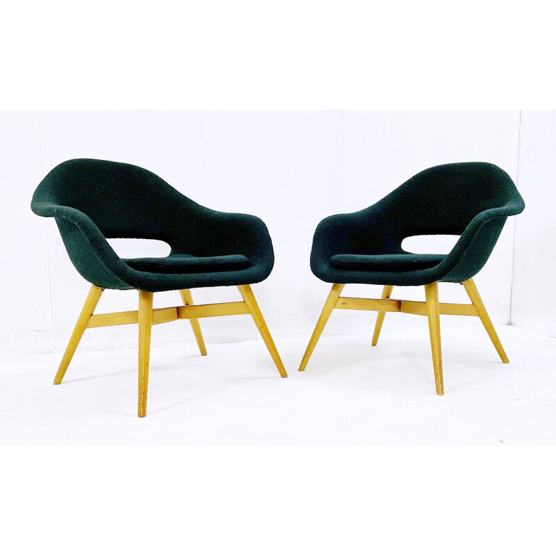 Paar vintage fauteuils in groene stof van Miroslav Navratil, Tsjechoslowakije 1960