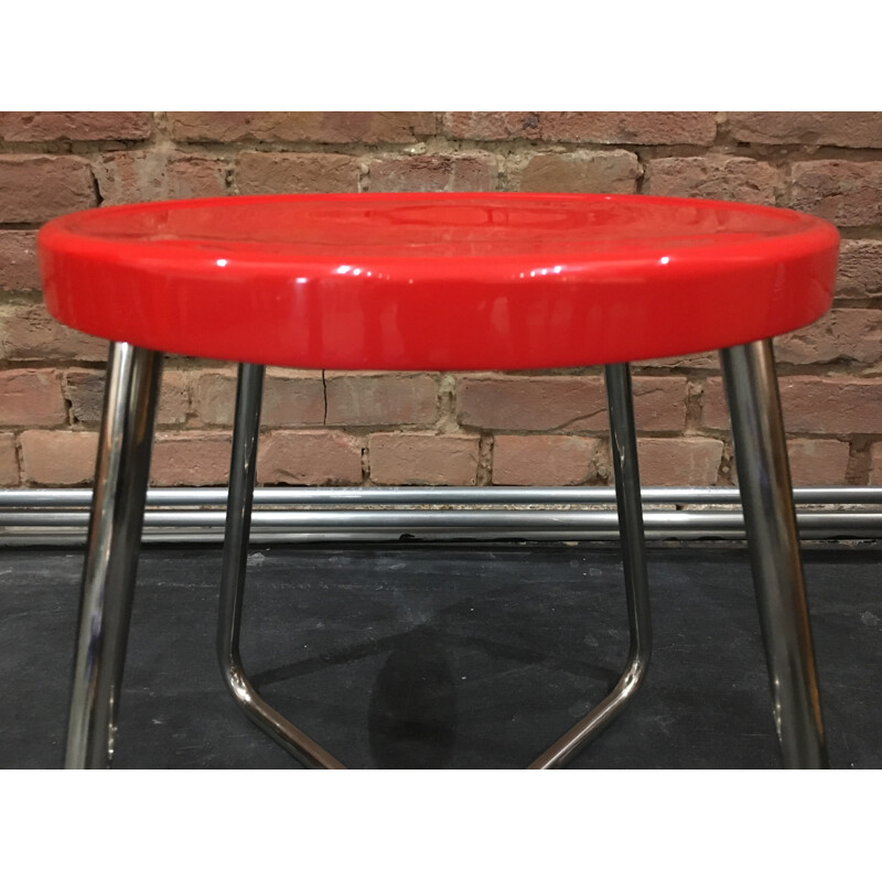 Functionalist steel stool with red lacquered beech seat - 1930s