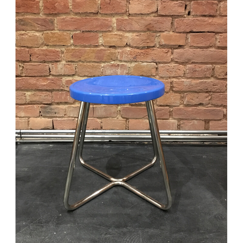 Functionalist Stool in Steel with Blue Seat, 1930s 