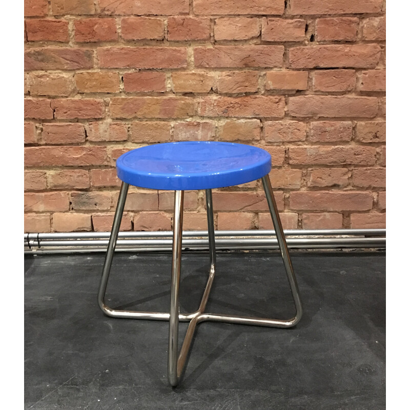Functionalist Stool in Steel with Blue Seat, 1930s 